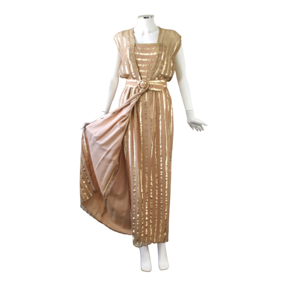 VINTAGE Victor Costa 1970s Gold Overlay Dress with Belt - Size 8 (Mod Size 4)